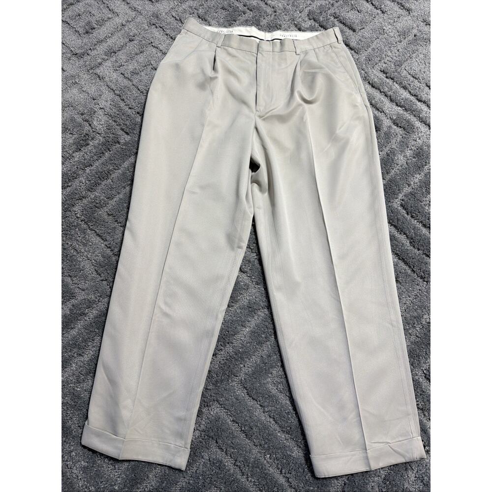 Perry Ellis Portfolio Pleated Front Dress Pant Size 36x30 Cuffed Beige Polyester
